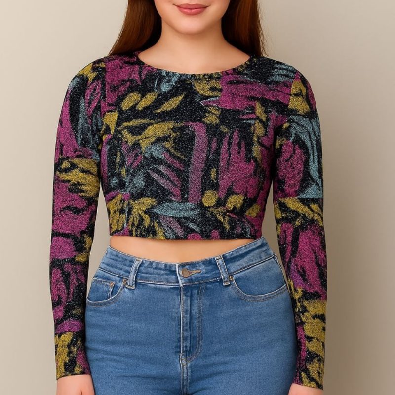 کراپ یقه گرد استین بلند (پک 6 عددی)