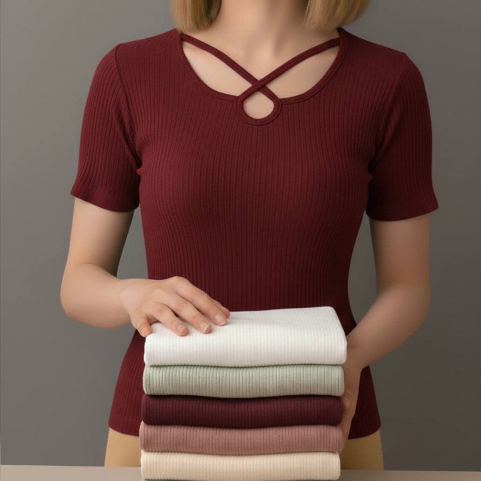 تیشرت نیم استین یقه ضربدری (پک 6 عددی)