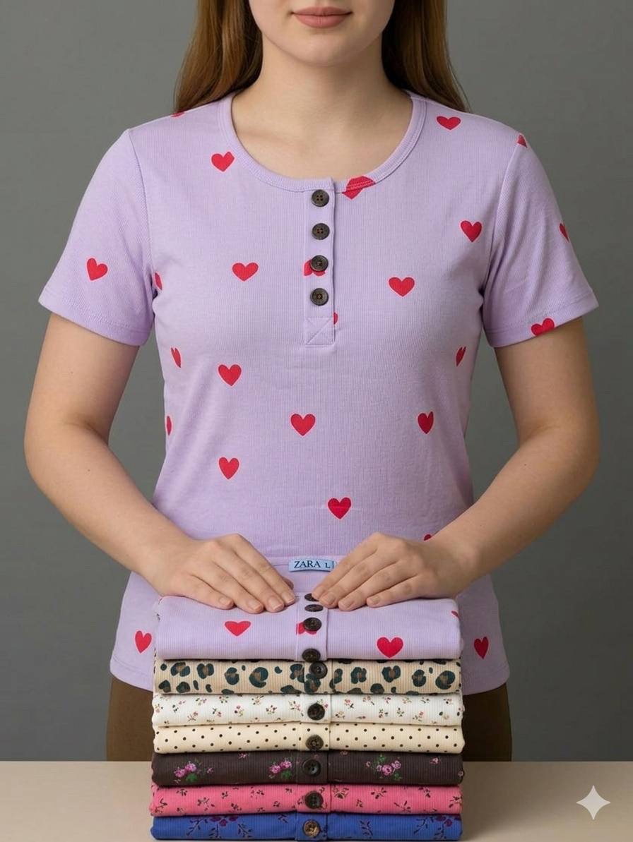 تیشرت یقه گرد ZARA دکمه چوبی (پک 6 عددی)